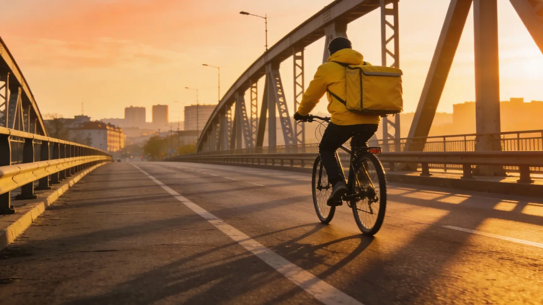 Курьер на электровелосипеде доставляет заказ в жилой район мегаполиса. Курьер на электровелосипеде доставляет заказ в жилой район мегаполиса.