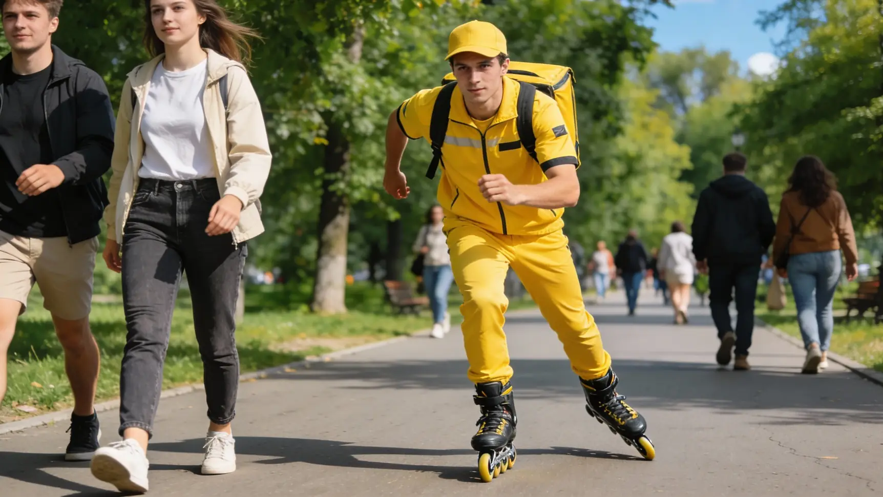 Велокурьер с терморюкзаком быстро едет по городской улице к заказчику.